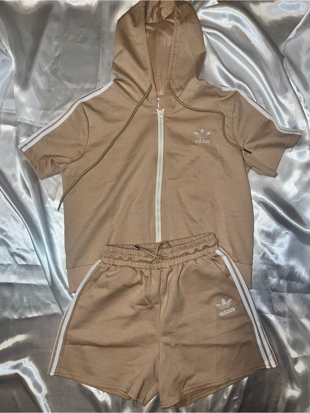 adidas Beige Short Sleeve Zip Hoodie & Shorts Set with White Stripes